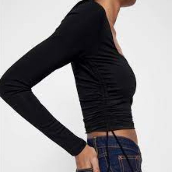 Zara Black Square Neck Ruched Gathered Sides Long Sleeve Crop Top SZ S N… - Picture 3 of 11